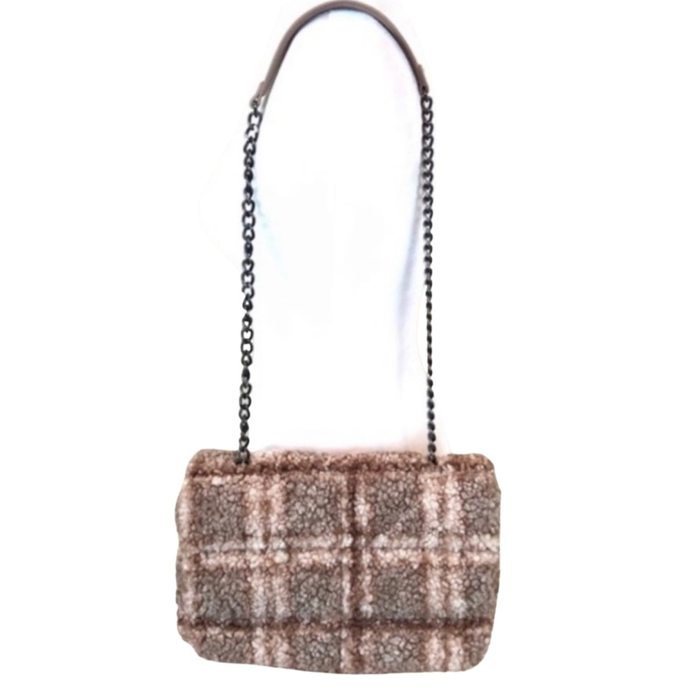 ZARA NWOT Shearling Crossbody Flap Bag Chain Strap Purse Beige Checkered